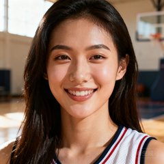 一位25岁左右的女性体育爱好者头像，身穿篮球球衣，长发披肩，背景是明亮的室内环境，表情自信阳光